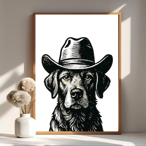Cowboy Hund Kunstdruck Western Kunstdruck Vintage Art schwarzer Wand Kunst Hund westlicher Hundedruck digitaler Download Wohnzimmer Druck Weihnachtsgeschenk