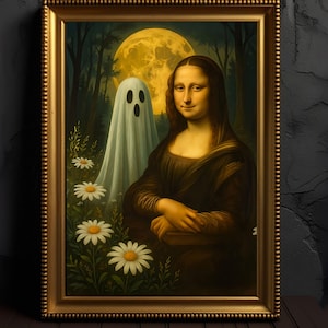 Ghost in Magical Forest Wildflowers Meadow Art Print Inspired by Mona Lisa Halloween Decor Spooky Wall Art for Fall Season Dark Academia