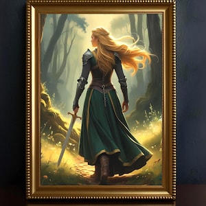 Female Medieval Knight In The Forest Art, Dark Academia Print Fantasy Wall Art Woman Knight Poster Renaissance Knight Gift, Digital Download