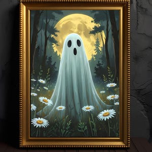 Cute Ghost in Magical Forest Wildflowers Meadow Art Print Whimsical Halloween Decor Spooky Wall Art for Fall Season Dark Academia Gift