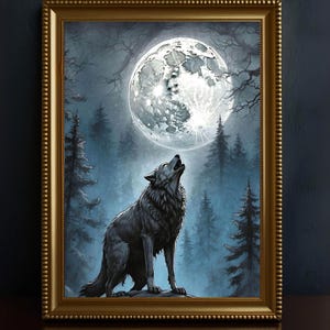 Black Wolf Full Moon Wall Art Poster Print, Wolf Painting, Moonlit Night Wolf Howling Abstract, Home Decor, Animal Prints Bedroom