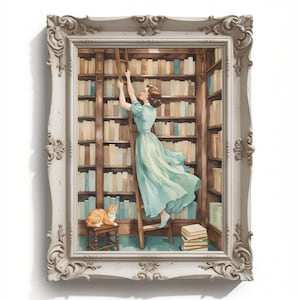 Woman Reading Bookish Wall Art Print , Light Academia Vintage Painting, Librariancore Wall Art, Moody Reading Nook Painting, Book Lover Gift