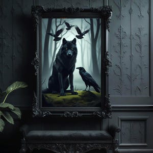 Wolf and Raven Art, Dark Gothic Fantasy, Mystical Dream, Moody Decor Print Animal Portrait Wildlife Forest Prints Download, Wolf Crow Poster