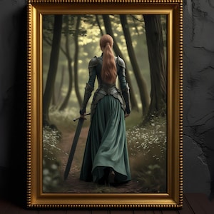 Woman Knight In The Forest Art Print, Dark Academia Wall Decor, Medieval Fantasy Wall Art Print Poster, Renaissance Knight Gift Printable