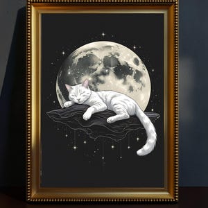 Whimsical Sleeping Cat Wall Art Cozy Cat Art Print Minimalist Living Room Wall Decor Kitten Printable Digital Download Cat Lover Gift