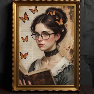 Vintage Victorian Woman Reading Painting, Feminine Scholar, Bookish Wall Art Print Dark Academia Library Wall Art Print Boho Book Decopauge