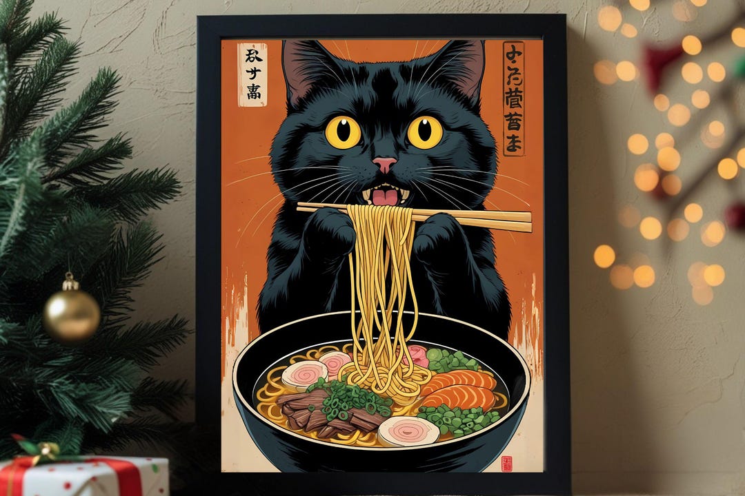 Noodle Black Cat Poster, Japanese Room Decor, Vintage Cat Eating Ramen ...