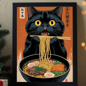 Noodle Black Cat Poster, Japanese Room Decor, Vintage Cat Eating Ramen Poster, Japan Black Cat Wall Art, Kitchen Decor, Cat Lover Gift