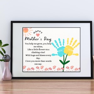 Cartão de flores com impressão de mão para o Dia das Mães com poema + colorir grátis, PNG para imprimir, artesanato grátis, cartões para o Dia das Mães, presentes para a mãe, arte de impressão de mão