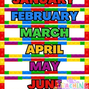 May include: Colorful printable labels for each month of the year, designed to look like Lego blocks. The labels feature the months January through June, with each month in a different color.