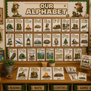 May include: Educational alphabet learning set with camping theme. Includes flashcards, books, and decorative elements. Features the text "Our Alphabet", "Let's Learn Together", and "Little Explorers Big Dreams".