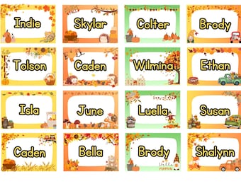 May include: A collection of colorful name tags with autumn-themed illustrations. Each tag features a name, such as "Indie" or "Skylar", surrounded by fall foliage, pumpkins, and other seasonal elements. The tags are designed with a decorative border.