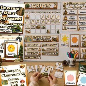 INTRODUCTIEPRIJS Camping Klaslokaal Decor Bundel | Klasset met natuurthema | Boskalender Weeralfabet Flashcards, afdrukbaar thuisonderwijs