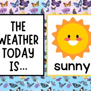 May include: A colorful weather chart with a butterfly and flower background. The text reads "THE WEATHER TODAY IS..." with a smiling sun graphic and the word "sunny".