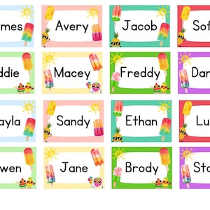 May include: Colorful name tags with names like James, Avery, Jacob, and Sofie. Each tag features a popsicle, a smiling pineapple, and a sun illustration. The tags have a white background with a colored border.