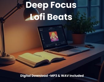 May include: A laptop computer with a book open on a wooden desk. The laptop screen shows a music player with the word "Lofi" on it. A desk lamp is on the left side of the desk. The text "Deep Focus Lofi Beats" is at the top of the image. The text "Digital Download - MP3 & WAV Included" is at the bottom of the image.