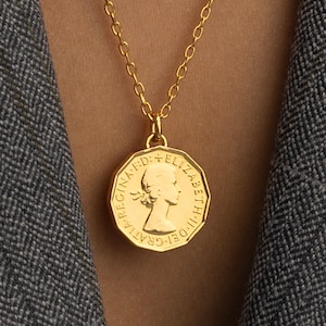 British 3 Pence Coin Medallion | Necklace | Queen Elizabeth II | 1954 - 1970 | Gold Plated Genuine Coin