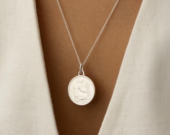 Collar de monedas alemanas de 50 pfennig: medallón Trümmerfrau de plata rodiada