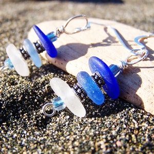 Sea Glass Earrings Frosty White and Blue Stacked Glass with Heishi Bead Spacers and Sterling French Ear Wires EM 14 image 1