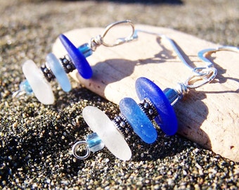 Sea Glass Earrings - Frosty White and Blue Stacked Glass with Heishi Bead Spacers and Sterling French Ear Wires EM 14