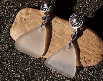 Sea Glass Earrings - Large Frosty White Triangles with Sky Blue Glass Bead Accents on Sterling Silver Coated Pewter Button Posts EW 41