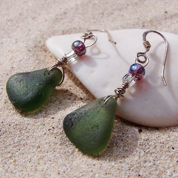 Sea Glass Earrings - Frosty Smooth Olive Green Triangles with Iridescent Glass Beads on Sterling Silver French Ear Wires EG 32