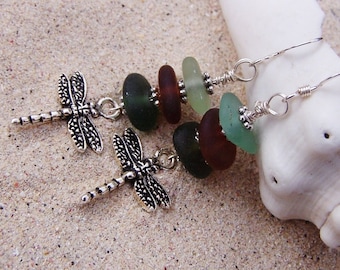 Stacked Sea Glass Earrings in Sea Foam, Root Beer, and Olive with Silver Coated Pewter Dragonfly Charms on Sterling French Ear Wires EM 18