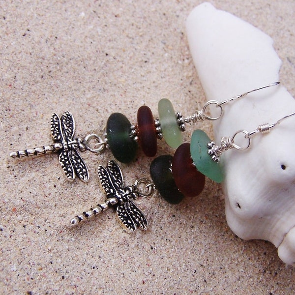 Stacked Sea Glass Earrings in Sea Foam, Root Beer, and Olive with Silver Coated Pewter Dragonfly Charms on Sterling French Ear Wires EM 18