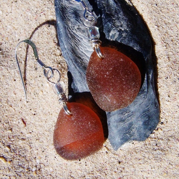 Sea Glass Earrings in Warm Chocolate Brown with Glass Bead Accents on Sterling Silver Ear Wires EBR 26