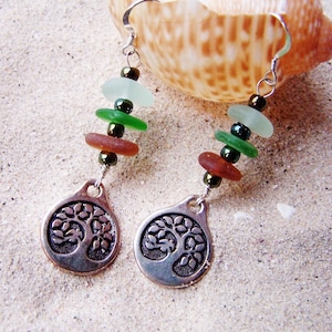 Stacked Sea Glass/Beach Glass Earrings with Earth Tone Glass and Silver Coated Pewter Tree of Life Charms on Sterling French Ear Wires EM 30