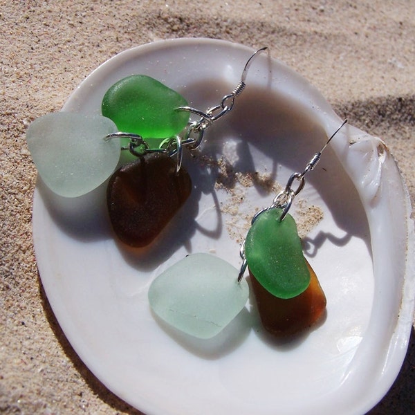 Chandelier Dangle Sea Glass Earrings in Earth Tones of Green, Brown, and Light Sea Foam on Sterling Silver French Ear Wires EM 19