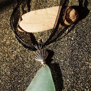 Sea Glass Necklace in Sea Foam Green with Silver Sea Shell Accent on Black Organza Ribbon Necklace A 27 image 3