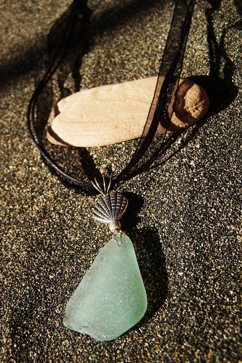 Sea Glass Necklace in Sea Foam Green with Silver Sea Shell Accent on Black Organza Ribbon Necklace A 27 image 3