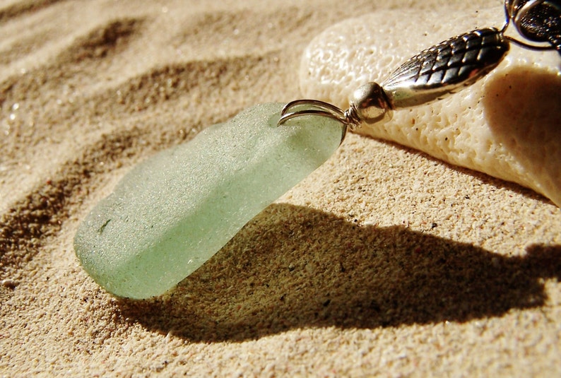 Sea Glass Necklace in Sea Foam Green with Silver Sea Shell Accent on Black Organza Ribbon Necklace A 27 image 2