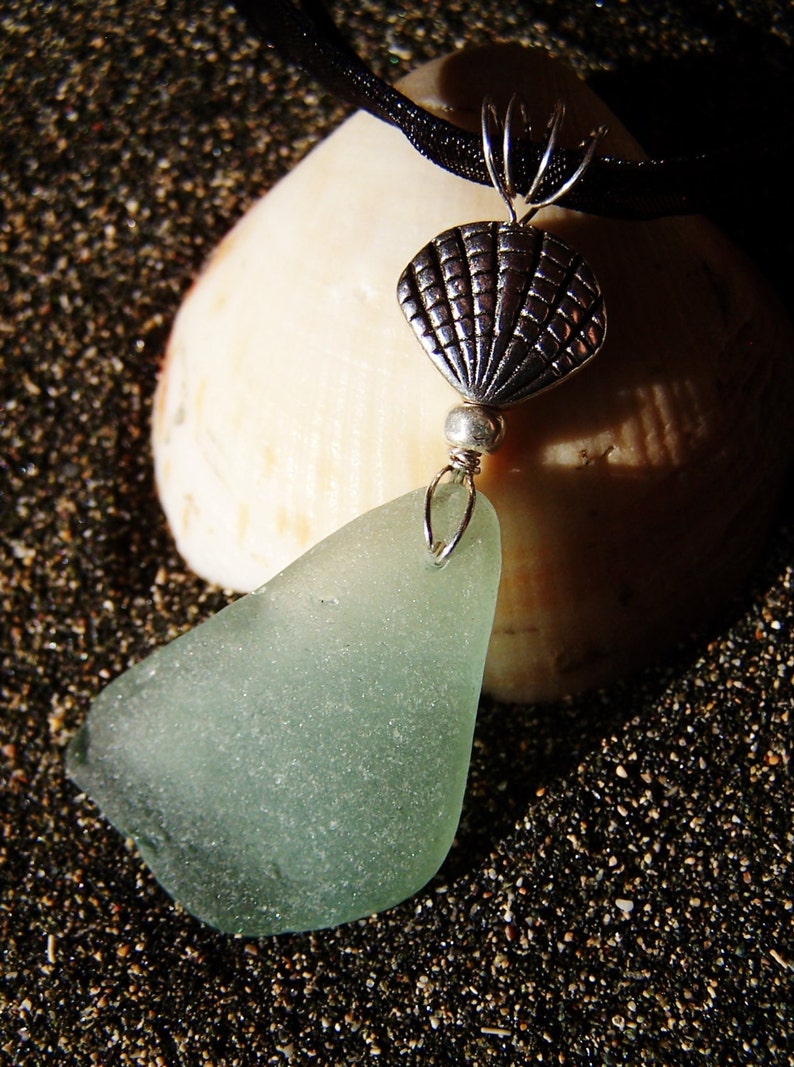 Sea Glass Necklace in Sea Foam Green with Silver Sea Shell Accent on Black Organza Ribbon Necklace A 27 image 1