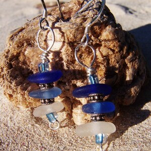 Sea Glass Earrings Frosty White and Blue Stacked Glass with Heishi Bead Spacers and Sterling French Ear Wires EM 14 image 2