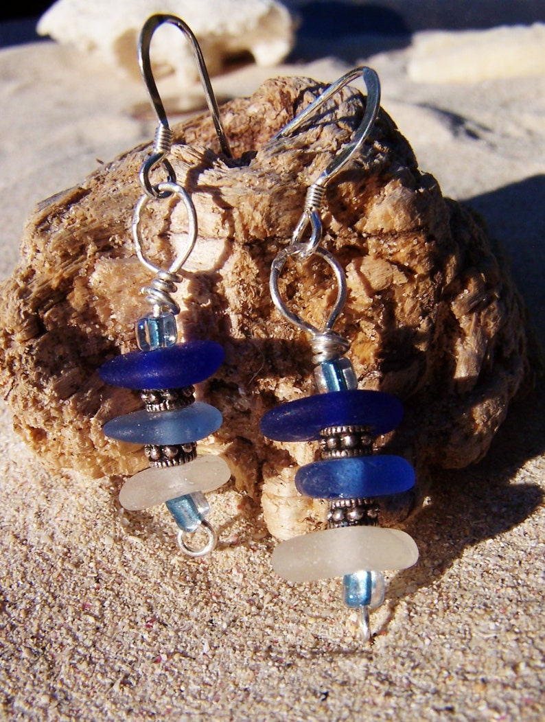 Sea Glass Earrings Frosty White and Blue Stacked Glass with Heishi Bead Spacers and Sterling French Ear Wires EM 14 image 2