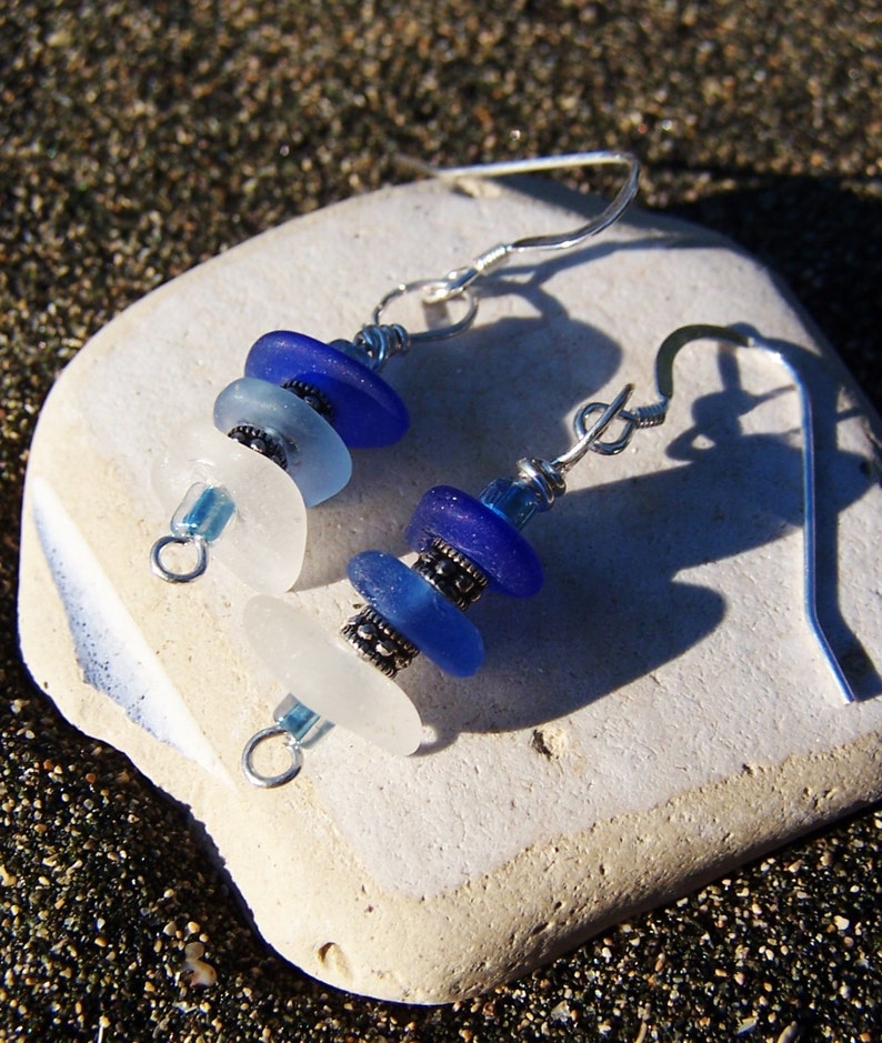 Sea Glass Earrings Frosty White and Blue Stacked Glass with Heishi Bead Spacers and Sterling French Ear Wires EM 14 image 4