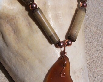 Amber Sea Glass Necklace with Bamboo and Copper Beads and Copper Wire Swirl Unisex BR 41