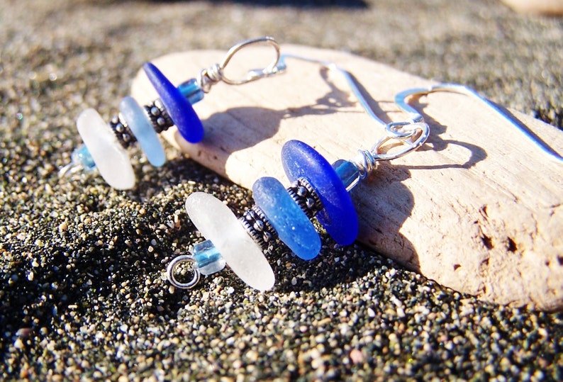 Sea Glass Earrings Frosty White and Blue Stacked Glass with Heishi Bead Spacers and Sterling French Ear Wires EM 14 image 1