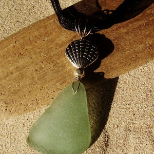 Sea Glass Necklace in Sea Foam Green with Silver Sea Shell Accent on Black Organza Ribbon Necklace A 27 image 4