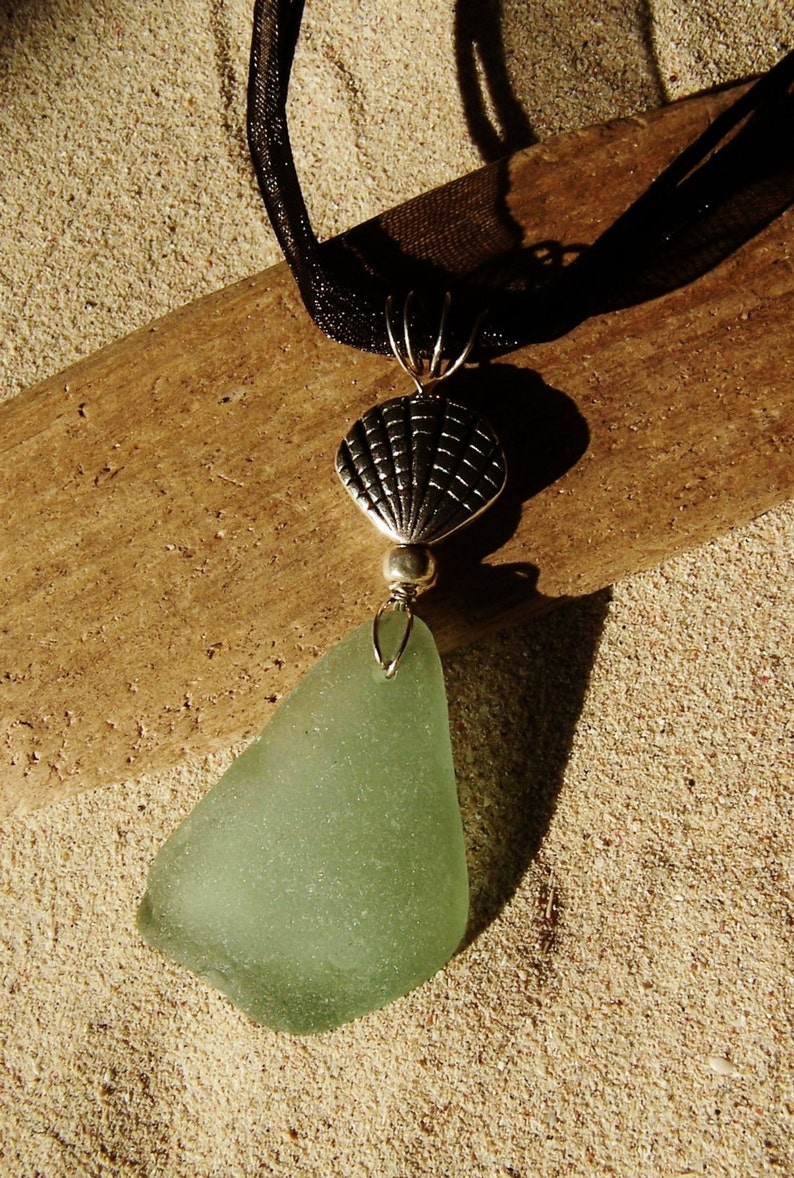 Sea Glass Necklace in Sea Foam Green with Silver Sea Shell Accent on Black Organza Ribbon Necklace A 27 image 4