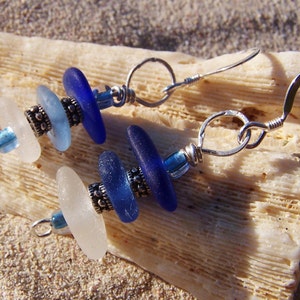 Sea Glass Earrings Frosty White and Blue Stacked Glass with Heishi Bead Spacers and Sterling French Ear Wires EM 14 image 3