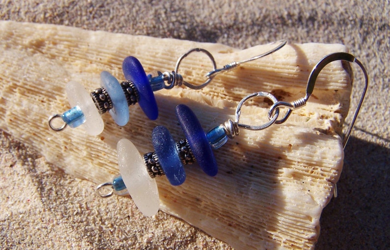 Sea Glass Earrings Frosty White and Blue Stacked Glass with Heishi Bead Spacers and Sterling French Ear Wires EM 14 image 3
