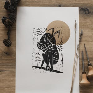 Stampa linoleografica / Arte murale con animali / "Lemure e Sole" (oro) / Incisa e stampata a mano su carta Fabriano Ivory / Formato A4