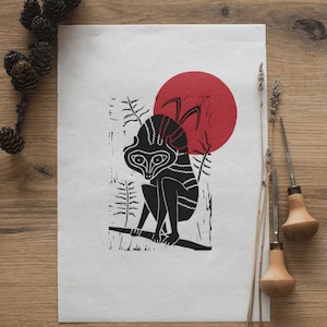 Stampa linoleografica / Arte murale raffigurante animali / "Lemure e Sole" (rosso) / Incisa e stampata a mano su carta Lokta / Formato A4