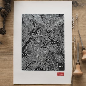 Stampa linoleografica / Arte murale botanica / "Foglie" / Incisa e stampata a mano su carta Fabriano / Formato A4