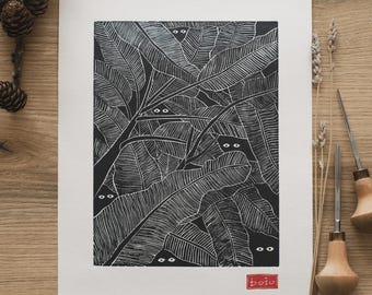 Impresión en linóleo / Arte mural botánico / "Hojas" / Grabado e impresión a mano en papel Fabriano / Tamaño A4