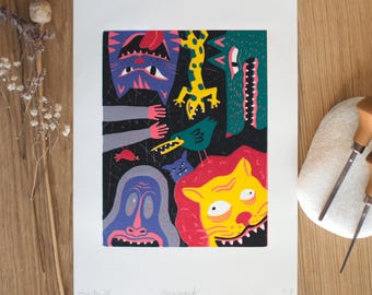 Impresión linográfica de animales coloridos de edición limitada: Arte mural de mascarada