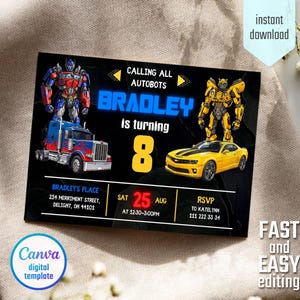 Afdrukbare verjaardagsuitnodiging reddingsbots, Optimus Prime-uitnodiging, Autobots-feestuitnodiging, hommeluitnodiging, Transformers Party